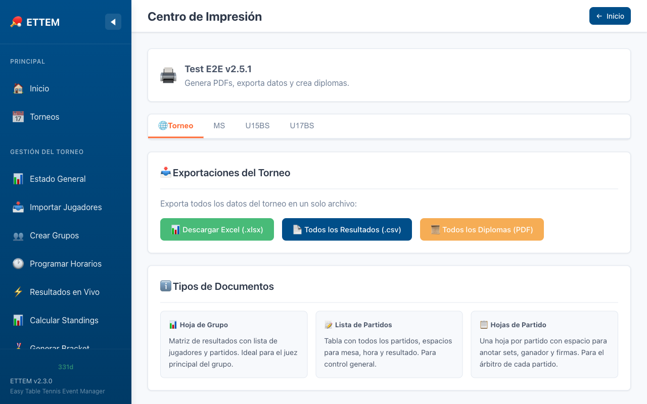 Centro de impresion con documentos del torneo